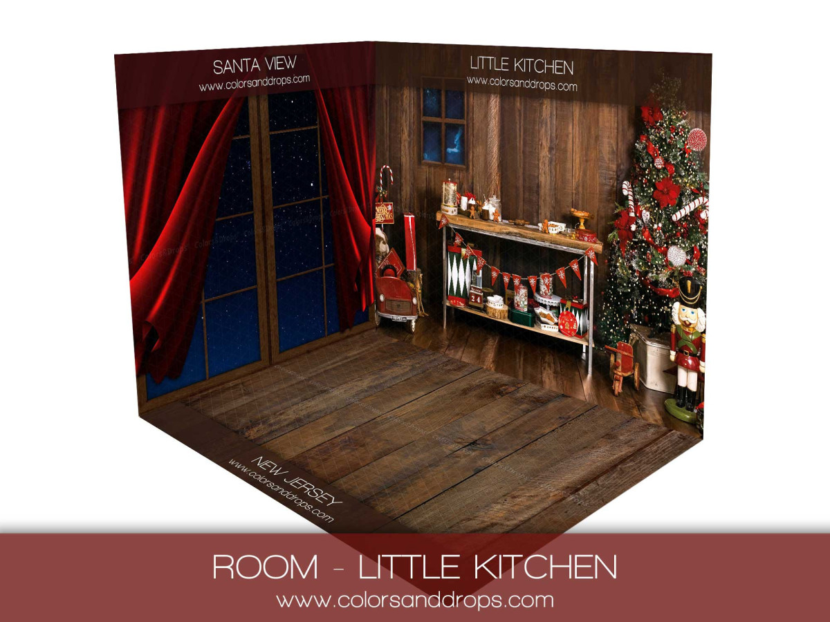 Fondo fotográfico de esquina de Navidad Little Kitchen – decorado en esquina con cortinas rojas y cocina navideña | Colors&Drops