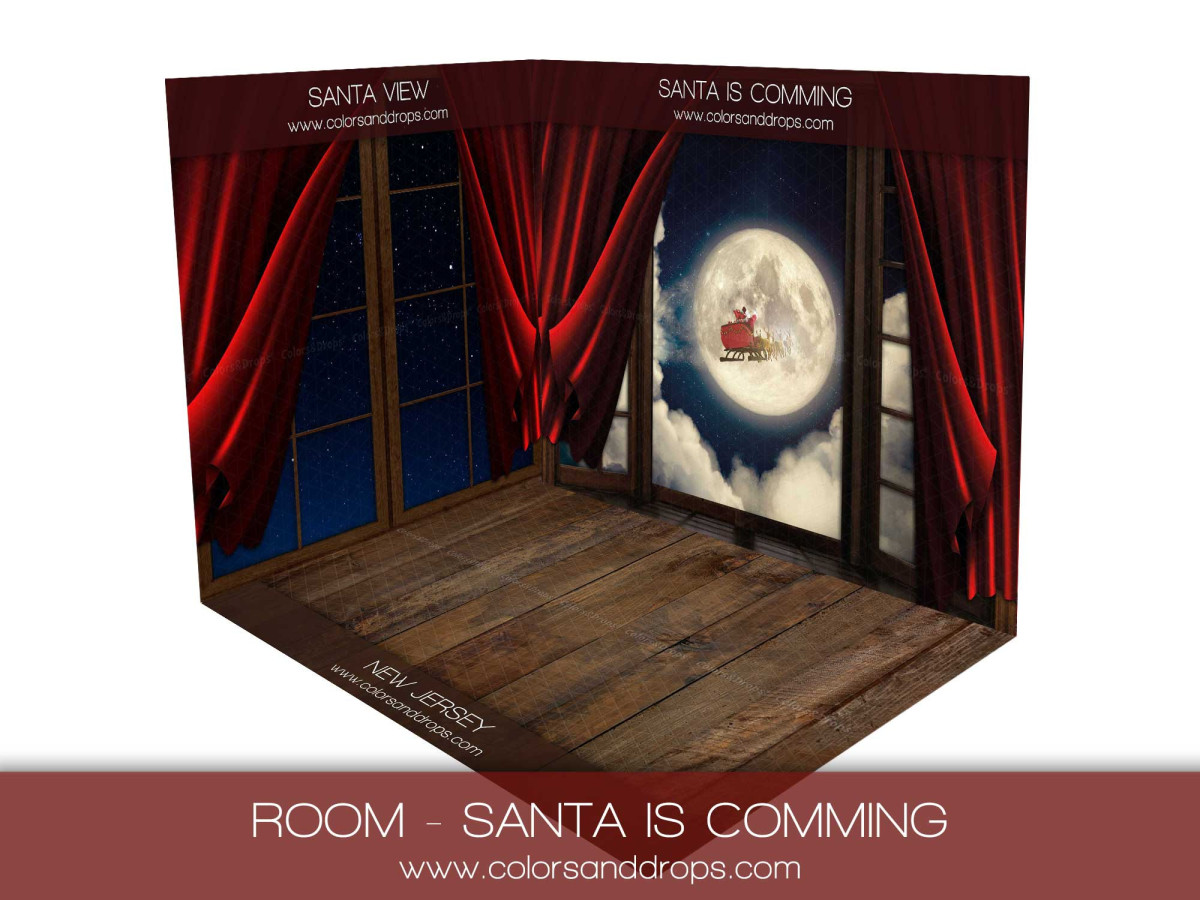 Christmas corner photo backdrop Santa Is Comming – red curtains and moonlit window | Colors&Drops