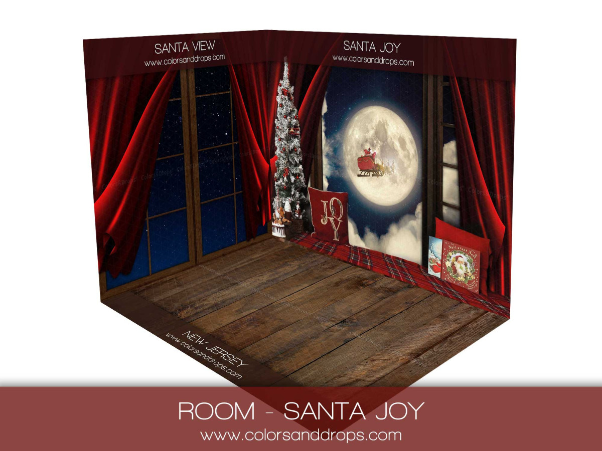 Fond photo d'angle de Noël Santa Joy – rideaux rouges, lune et sapin | Colors&Drops