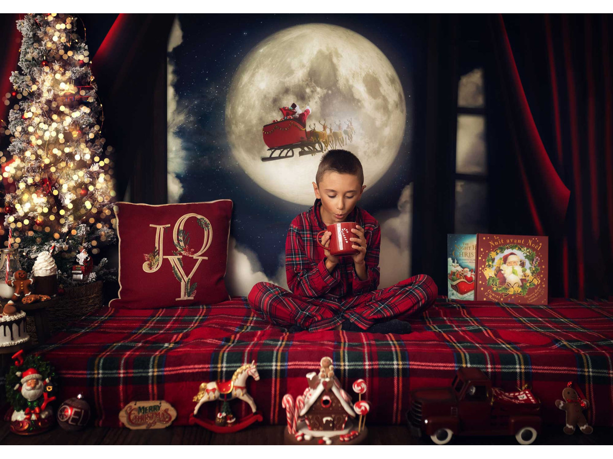 Fond photo d'angle de Noël Santa Joy – rideaux rouges, lune et sapin | Colors&Drops