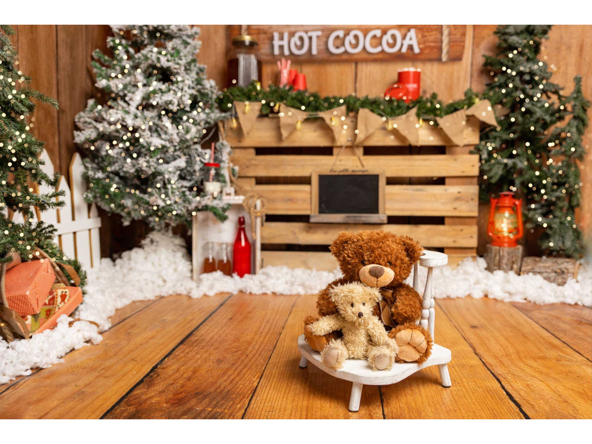 Christmas corner photo backdrop Sugar Cocoa – hot cocoa corner set with fir trees and pallets | Colors&Drops