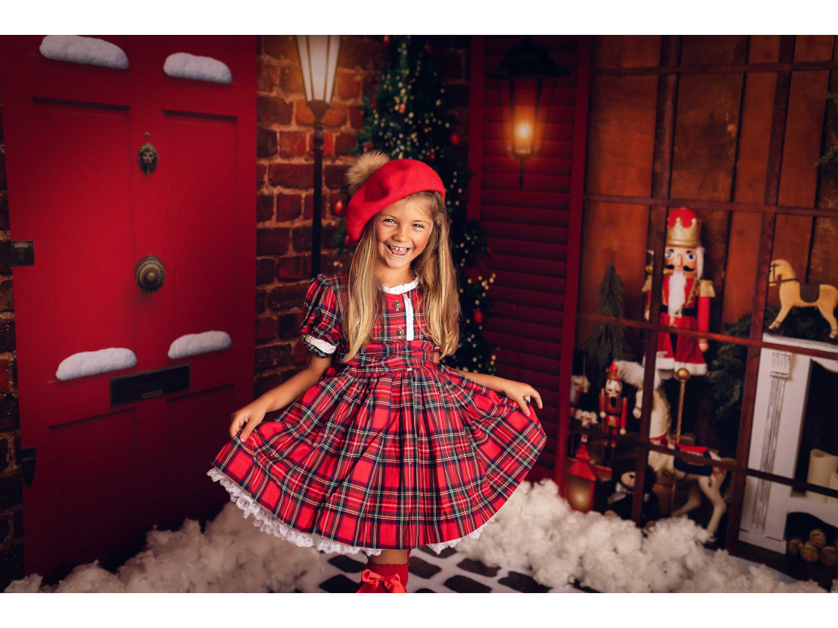 Side photo backdrop Merry Christmas Home Side – red door on brick wall with lamps and fir trees | Colors&Drops