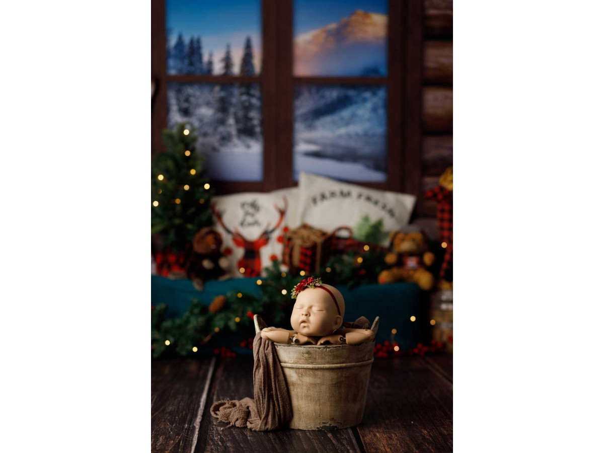 Fond photo de Noël Canadian Chalet – chalet en rondins avec fenêtre, skis et cadeaux | Colors&Drops