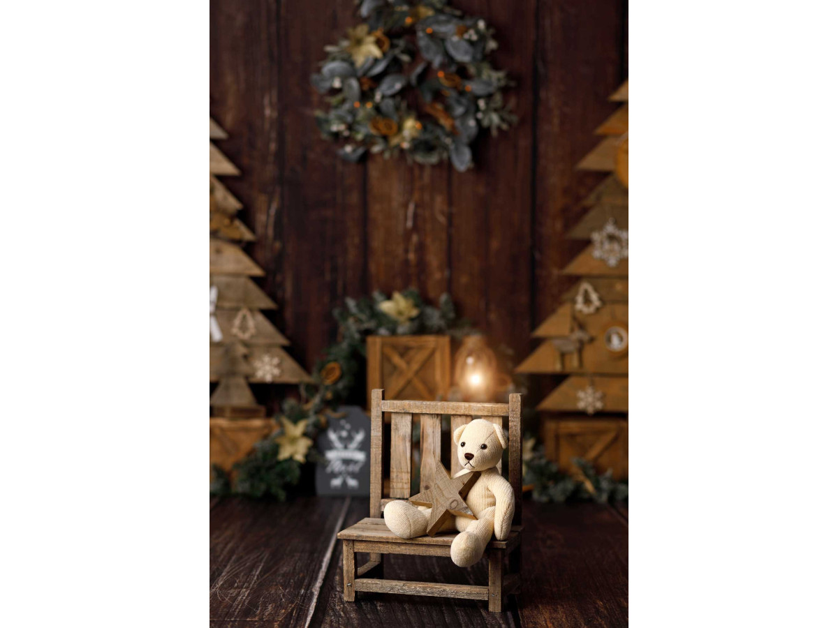 Fond photo de Noël Canadian Cannelle – mur en bois avec sapins en bois, couronne et caisses | Colors&Drops