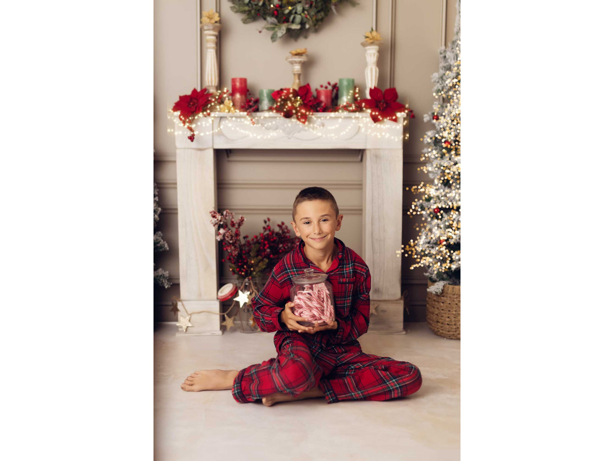 Christmas photo backdrop Home – white fireplace with wreath and snowy trees on panelling | Colors&Drops