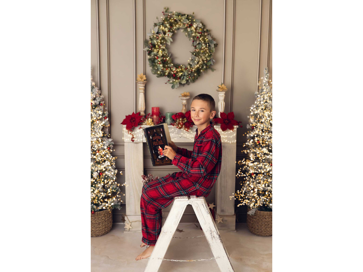 Christmas photo backdrop Home – white fireplace with wreath and snowy trees on panelling | Colors&Drops