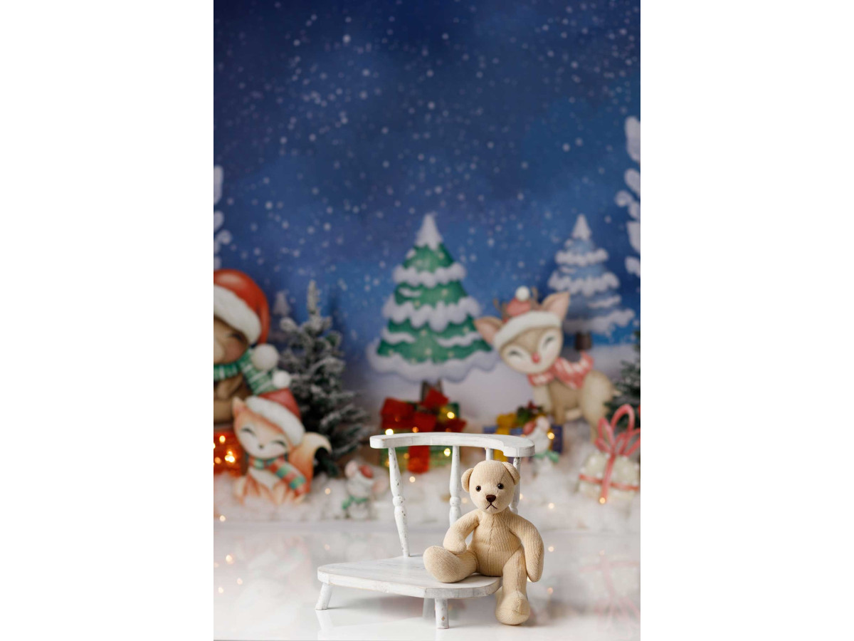 Fondo fotográfico de bebé y smash cake Winter Party – bosque navideño ilustrado con ositos y regalos | Colors&Drops