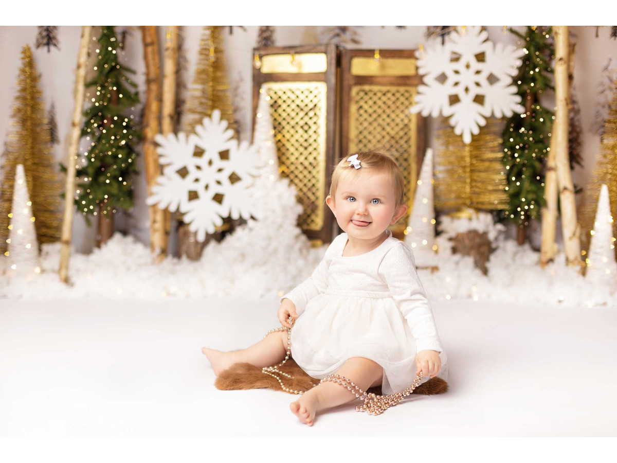 Photo backdrop Noel en Or – gold birch forest with door and snowflakes | Colors&Drops