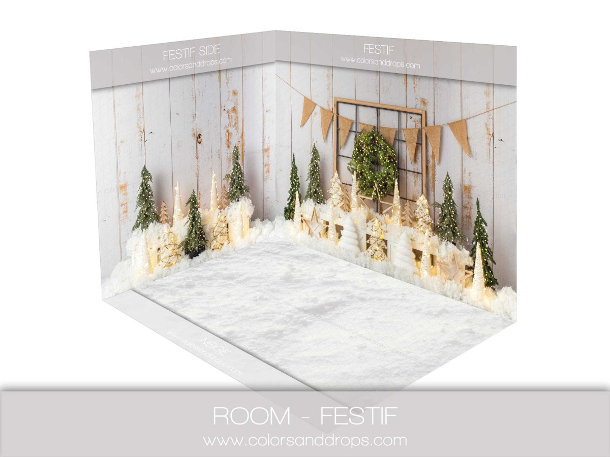 Christmas corner photo backdrop Festif – white wood corner set with bunting and small fir trees | Colors&Drops