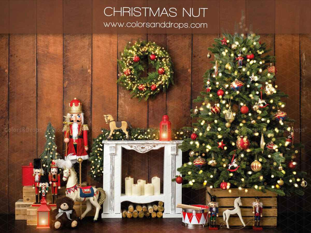 Photo backdrop Christmas Nut – wooden wall with tree, white fireplace and nutcrackers | Colors&Drops