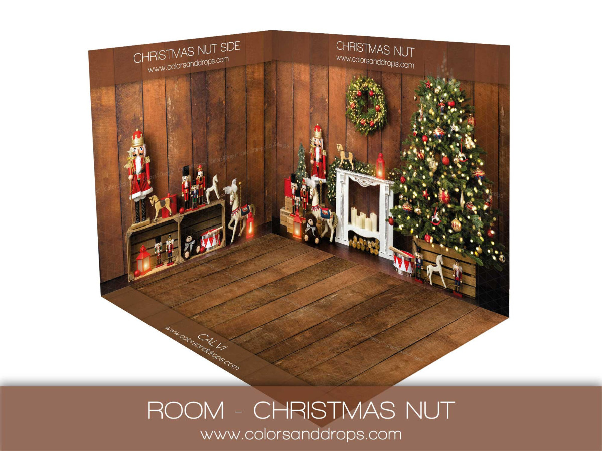 Corner photo backdrop Christmas Nut – wood corner set with nutcrackers, fireplace and tree | Colors&Drops