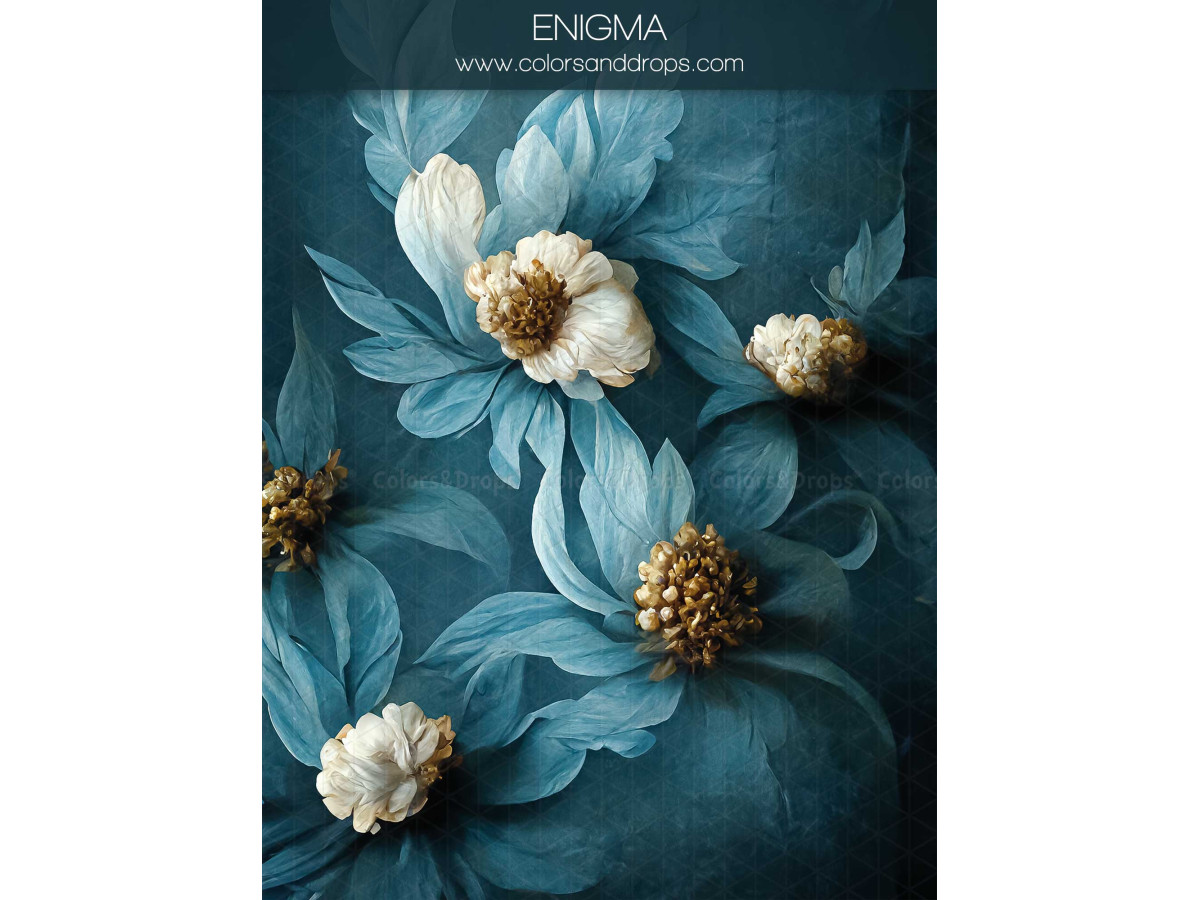 Maternity & portrait photo backdrop Enigma – large painted blue flowers with white and gold centres | Colors&Drops