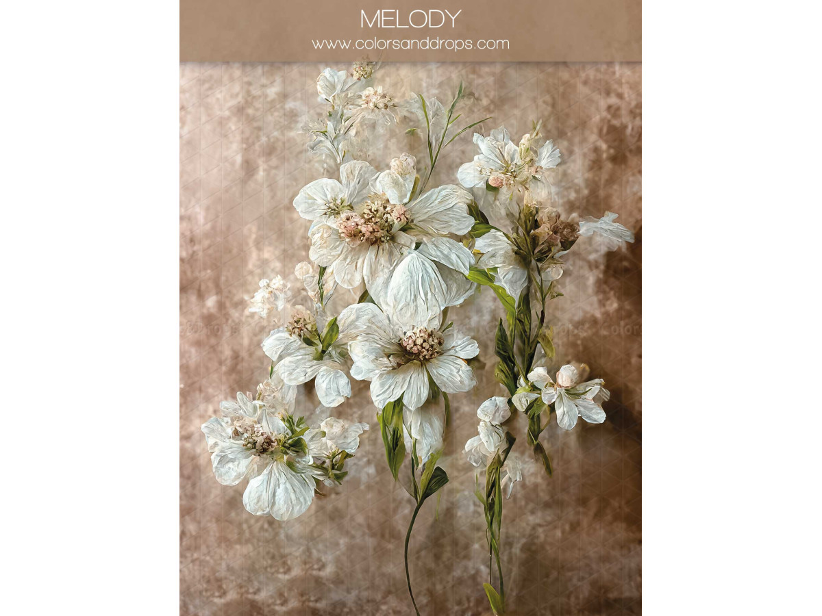 Fond photo grossesse et portrait Melody – bouquet de fleurs blanches peint sur fond taupe | Colors&Drops