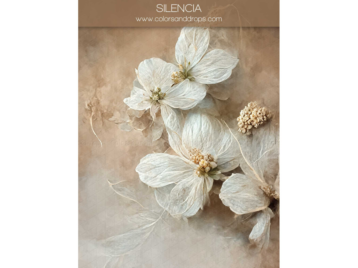 Fondo fotográfico de embarazo y retrato Silencia – grandes flores blancas pintadas sobre fondo beige | Colors&Drops