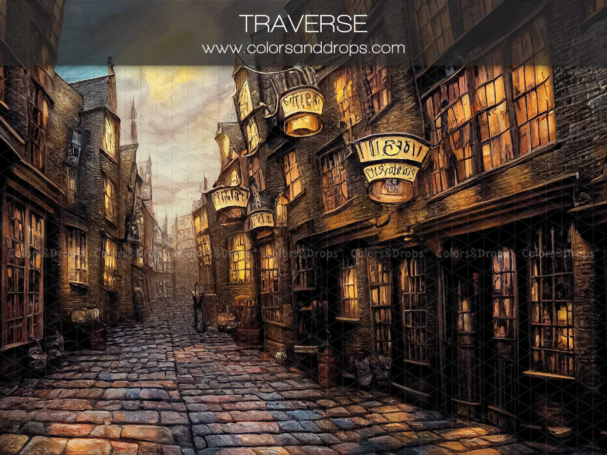 Fondo fotográfico Traverse – callejón empedrado de magos con tiendas antiguas | Colors&Drops