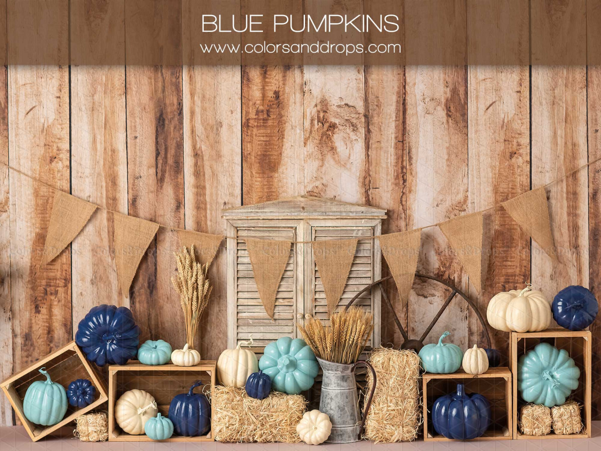 Fond photo d'Halloween Blue Pumpkins – mur en bois avec citrouilles bleues et fanions | Colors&Drops