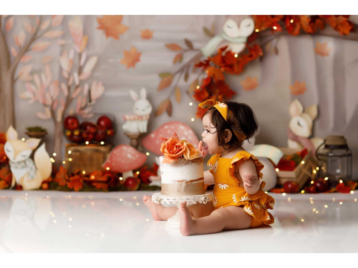 Baby & cake smash photo backdrop La Foret D'Automne – autumn forest with foxes, mushrooms and leaves | Colors&Drops
