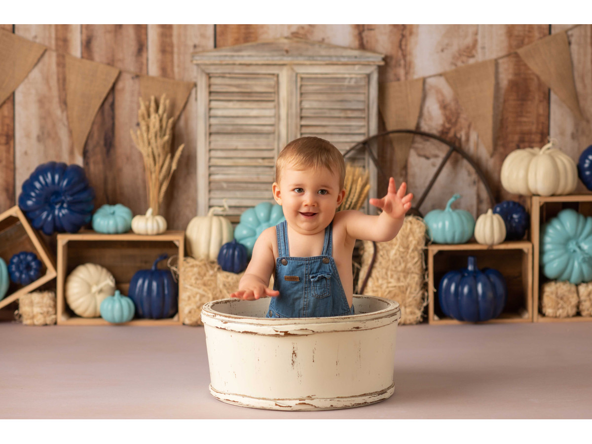 Fond photo d'Halloween Blue Pumpkins – mur en bois avec citrouilles bleues et fanions | Colors&Drops