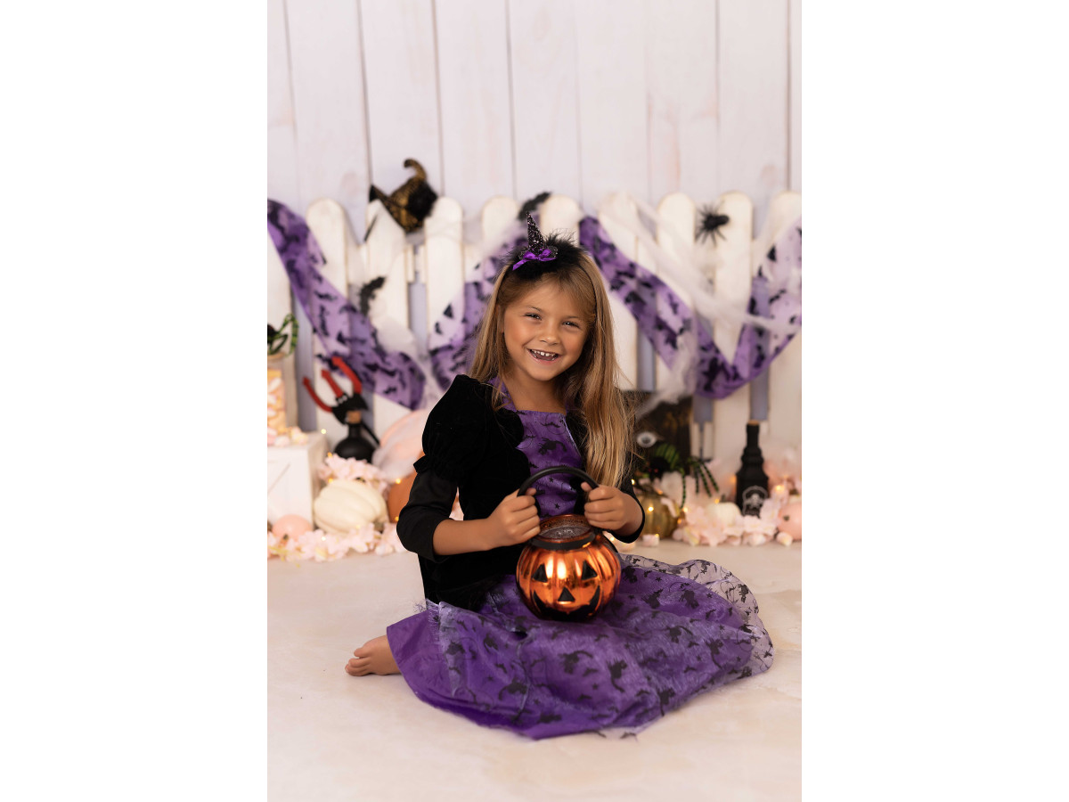 Fondo fotográfico Halloween – valla blanca de Halloween con caldero y telarañas | Colors&Drops