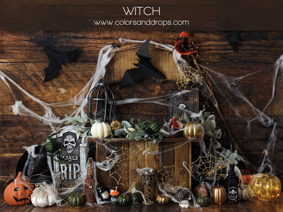 Fond photo d'Halloween Witch – décor sorcière avec toiles d'araignée, citrouilles et tombe | Colors&Drops