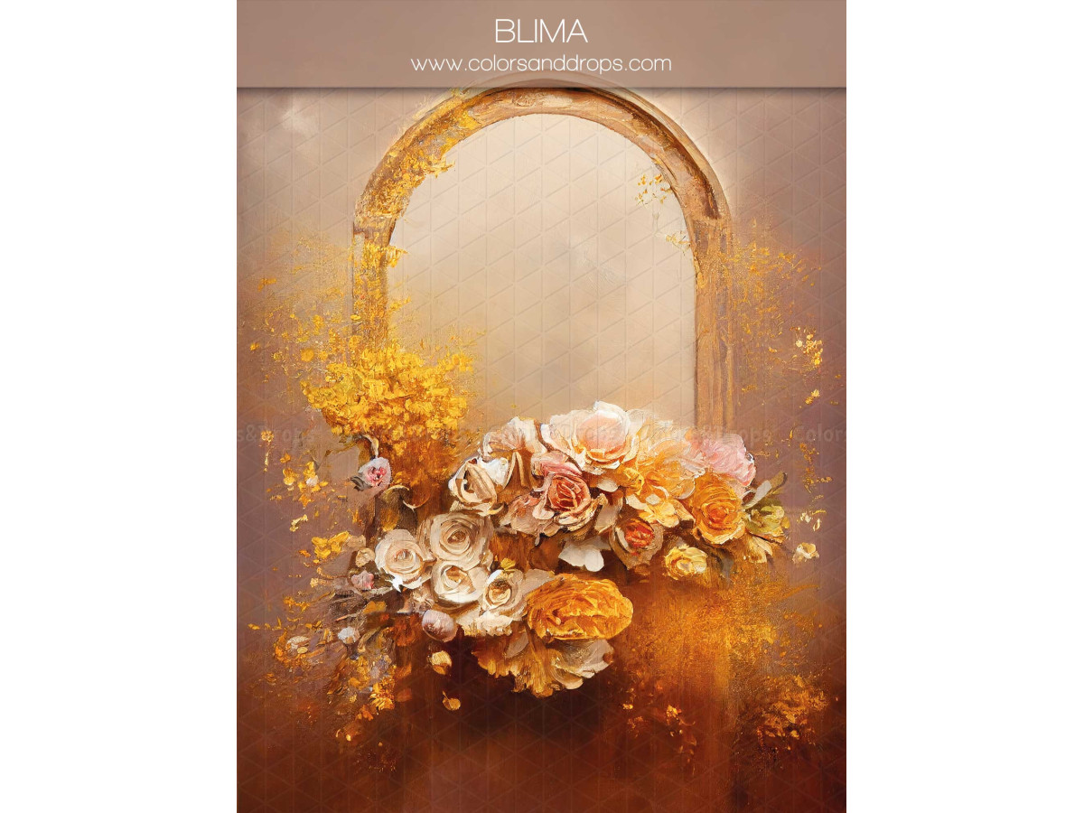 Fond photo grossesse et portrait Blima – arche dorée avec bouquet de fleurs orangées | Colors&Drops