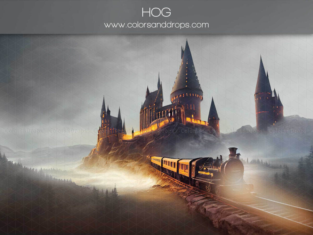 Photo backdrop Hog – wizard castle in the mist with steam train | Colors&Drops