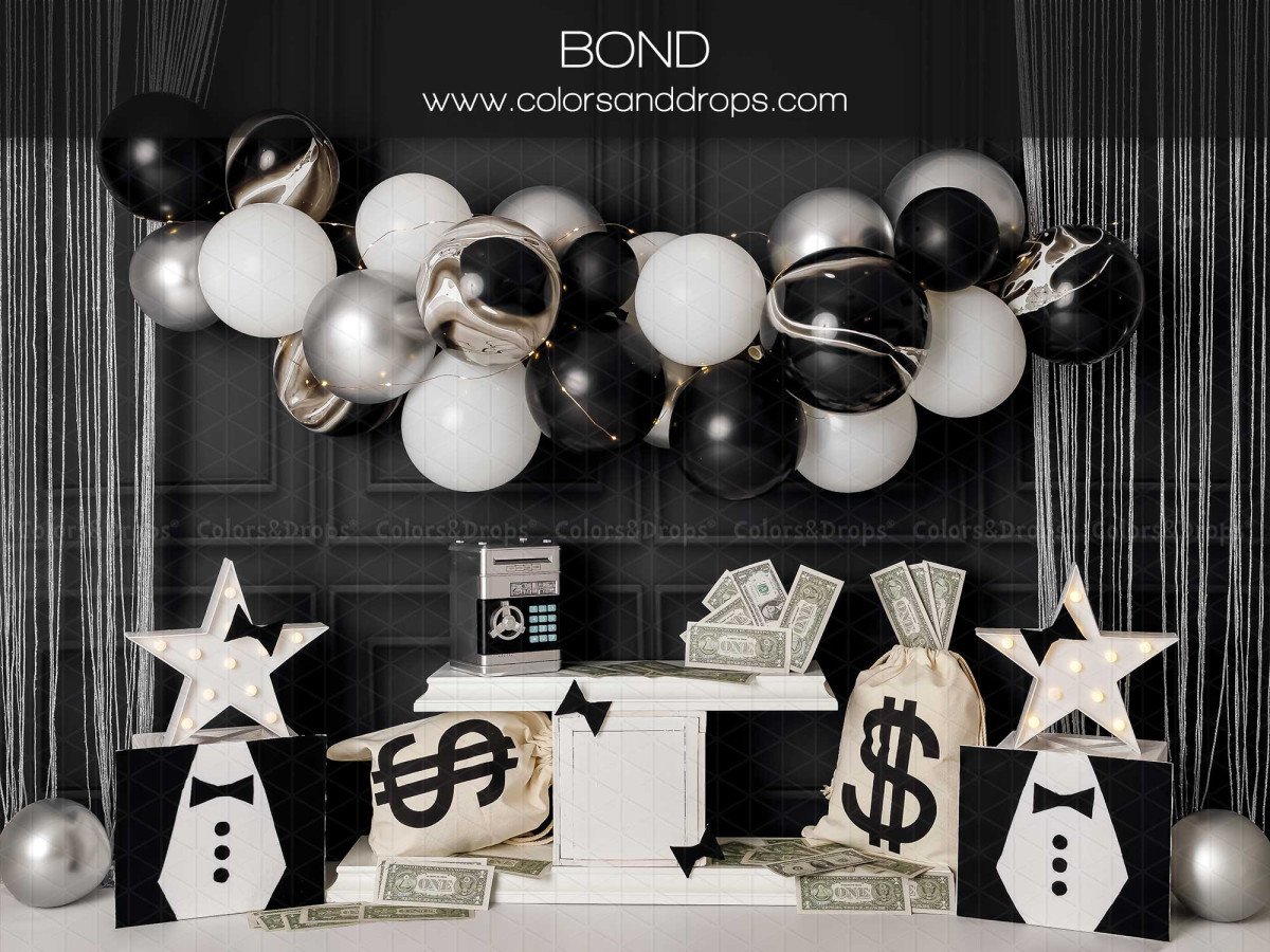 Fond photo bébé et smash cake Bond – ballons noirs et argent avec sacs de dollars | Colors&Drops