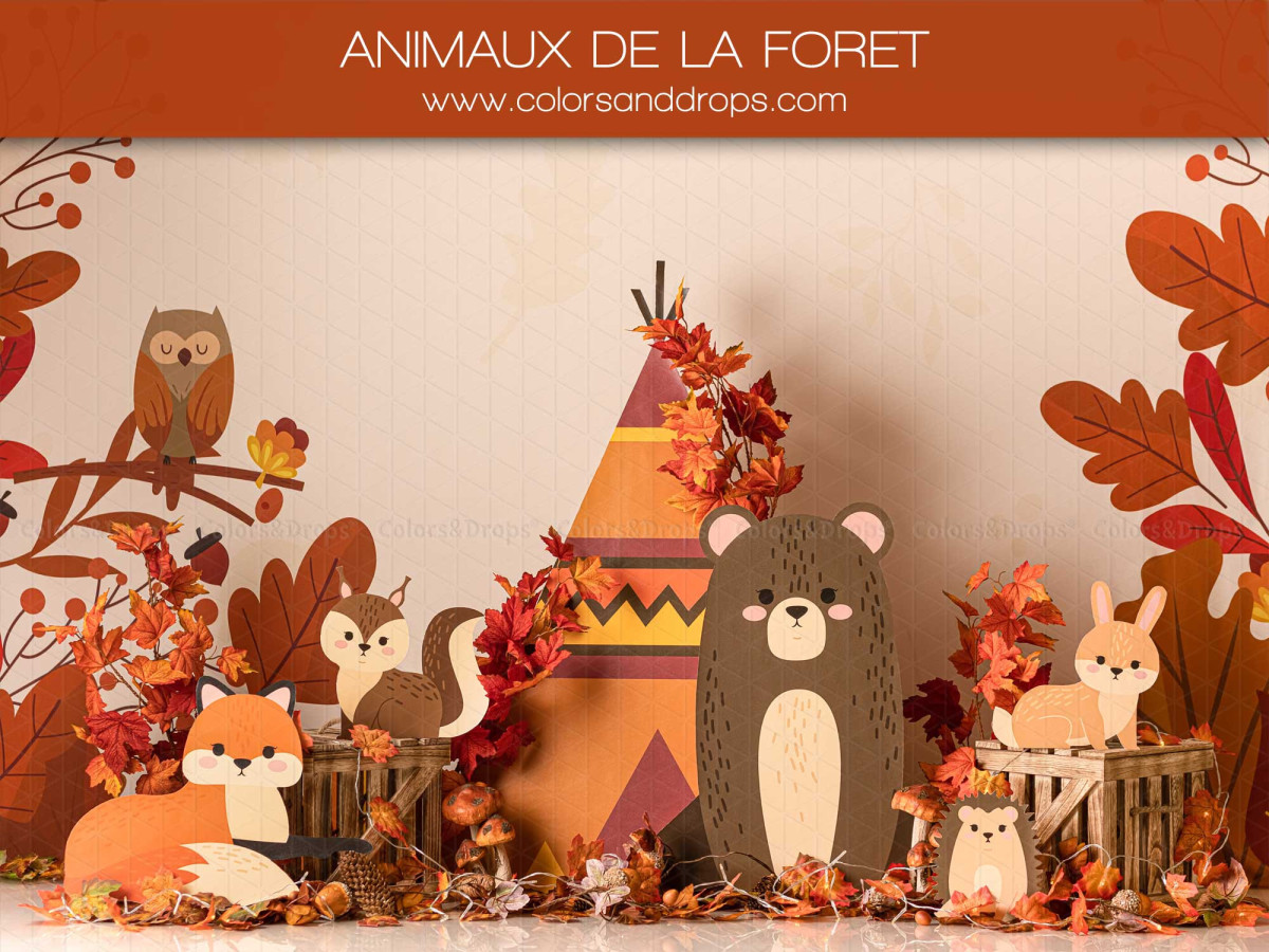 Fondo fotográfico de bebé y smash cake Animaux de la Foret – animales del bosque de papel con tipi y hojas | Colors&Drops