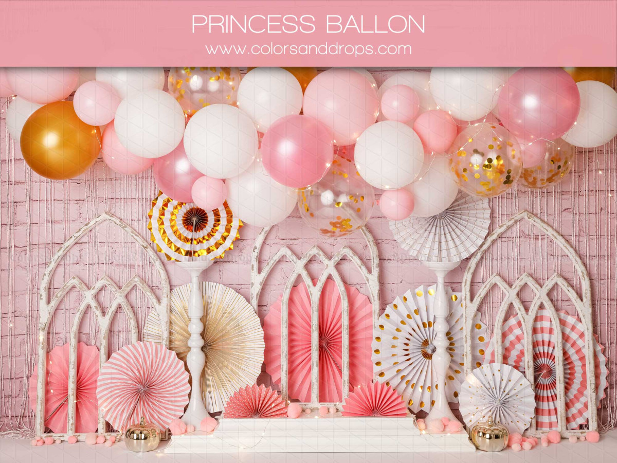 Baby & cake smash photo backdrop Princess Ballon – pink and white balloons with windows and paper fans | Colors&Drops