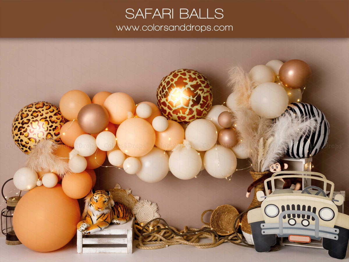 Fond photo bébé et smash cake Safari Balls – guirlande de ballons safari avec jeep et motifs animaux | Colors&Drops