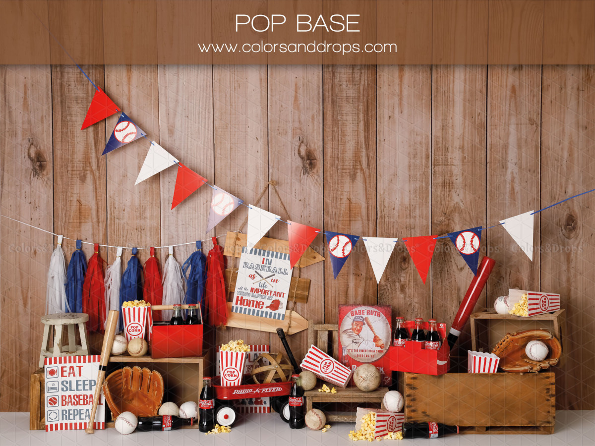 Baby & cake smash photo backdrop Pop Base – wooden wall with bunting and baseball set | Colors&Drops
