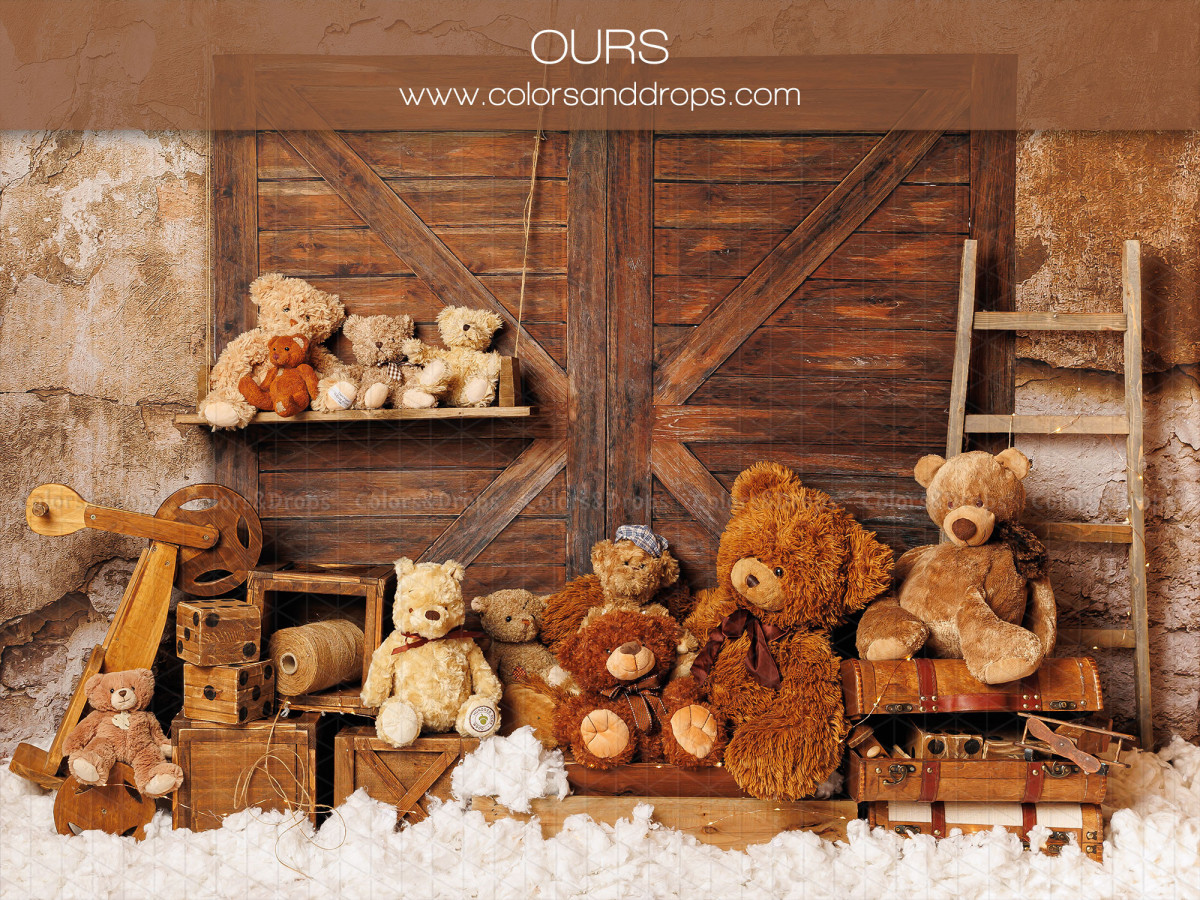 Fondo fotográfico de bebé y smash cake Ours – puerta de granero con osos de peluche, cajas y escalera | Colors&Drops
