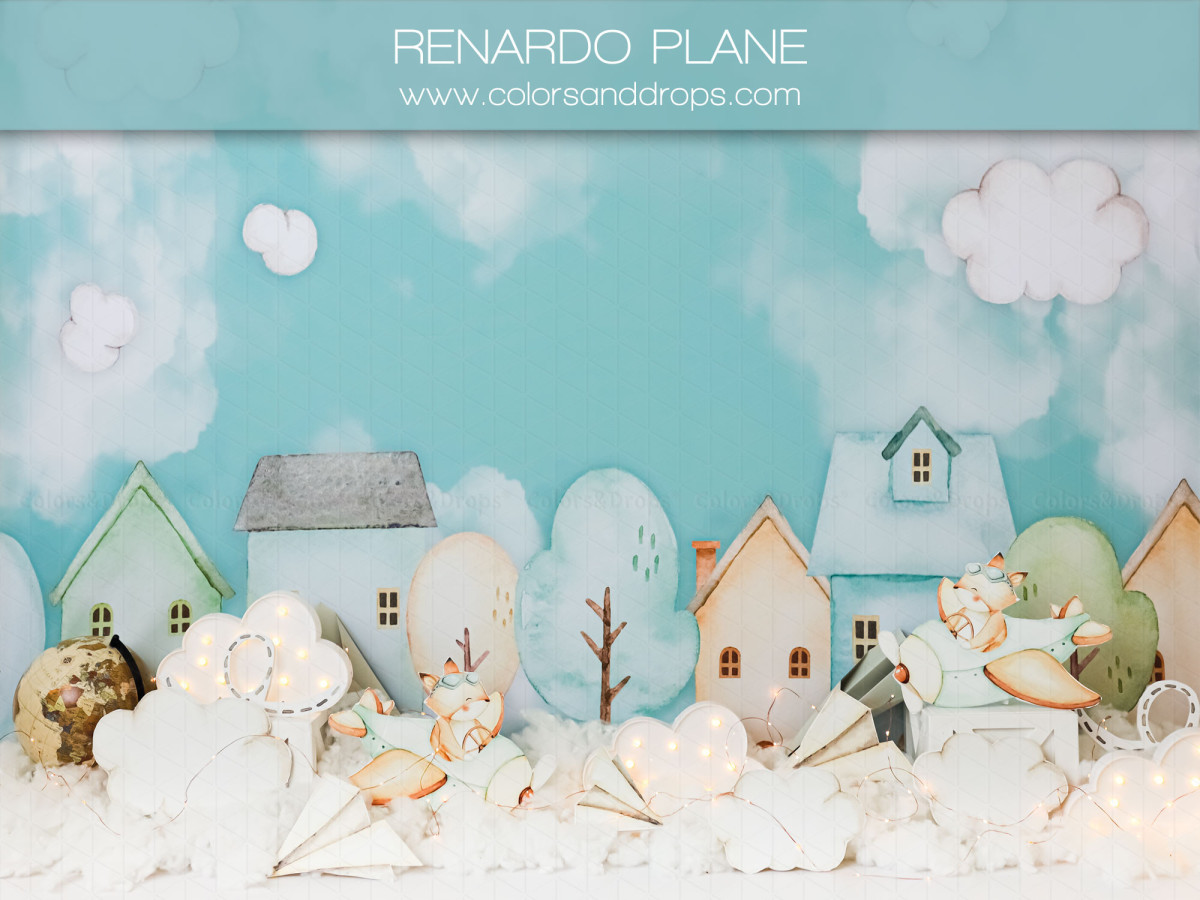 Baby & cake smash photo backdrop Renardo Plane – small paper houses under blue sky with planes | Colors&Drops