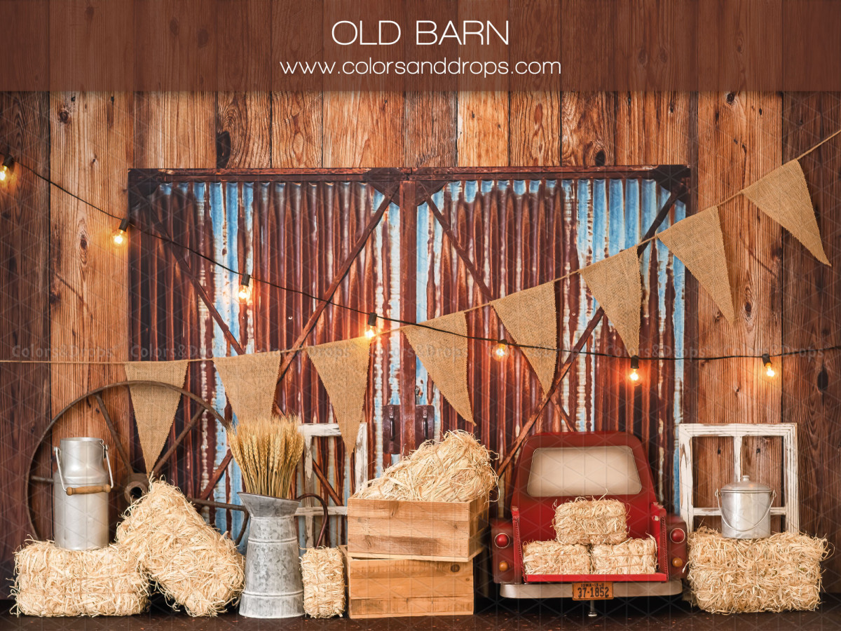 Fondo fotográfico de bebé y smash cake Old Barn – granero de madera con chapa, balas de heno y banderines | Colors&Drops