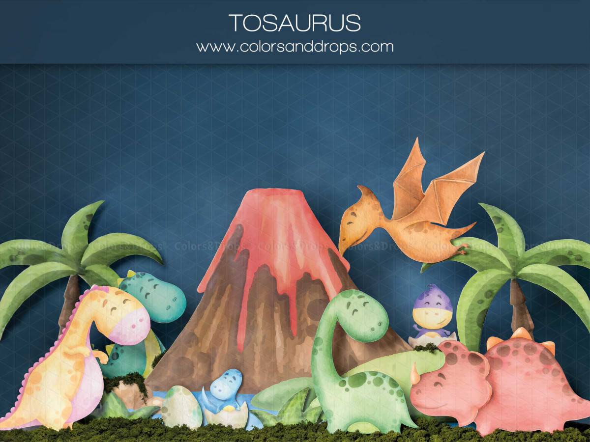 Fond photo bébé et smash cake Tosaurus – volcan et dinosaures colorés avec palmiers | Colors&Drops