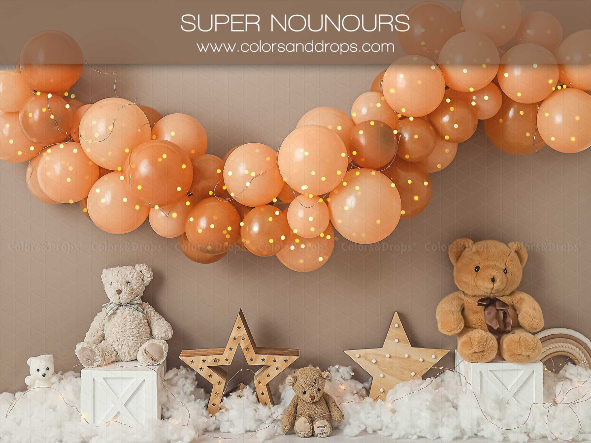 Fond photo bébé et smash cake Super Nounours – guirlande de ballons pêche avec ours en peluche et étoiles | Colors&Drops