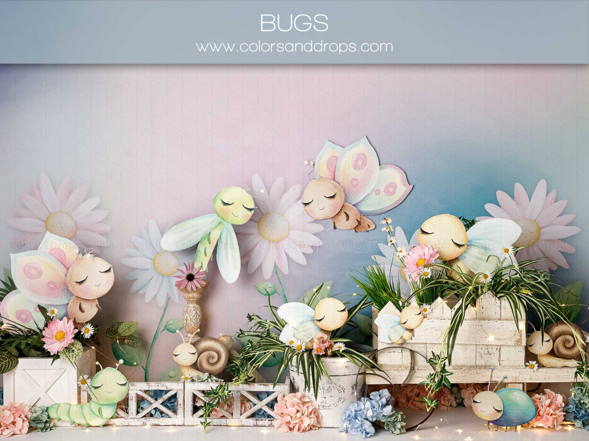 Fond photo bébé et smash cake Bugs – jardin d'insectes avec papillons, fleurs et escargots | Colors&Drops