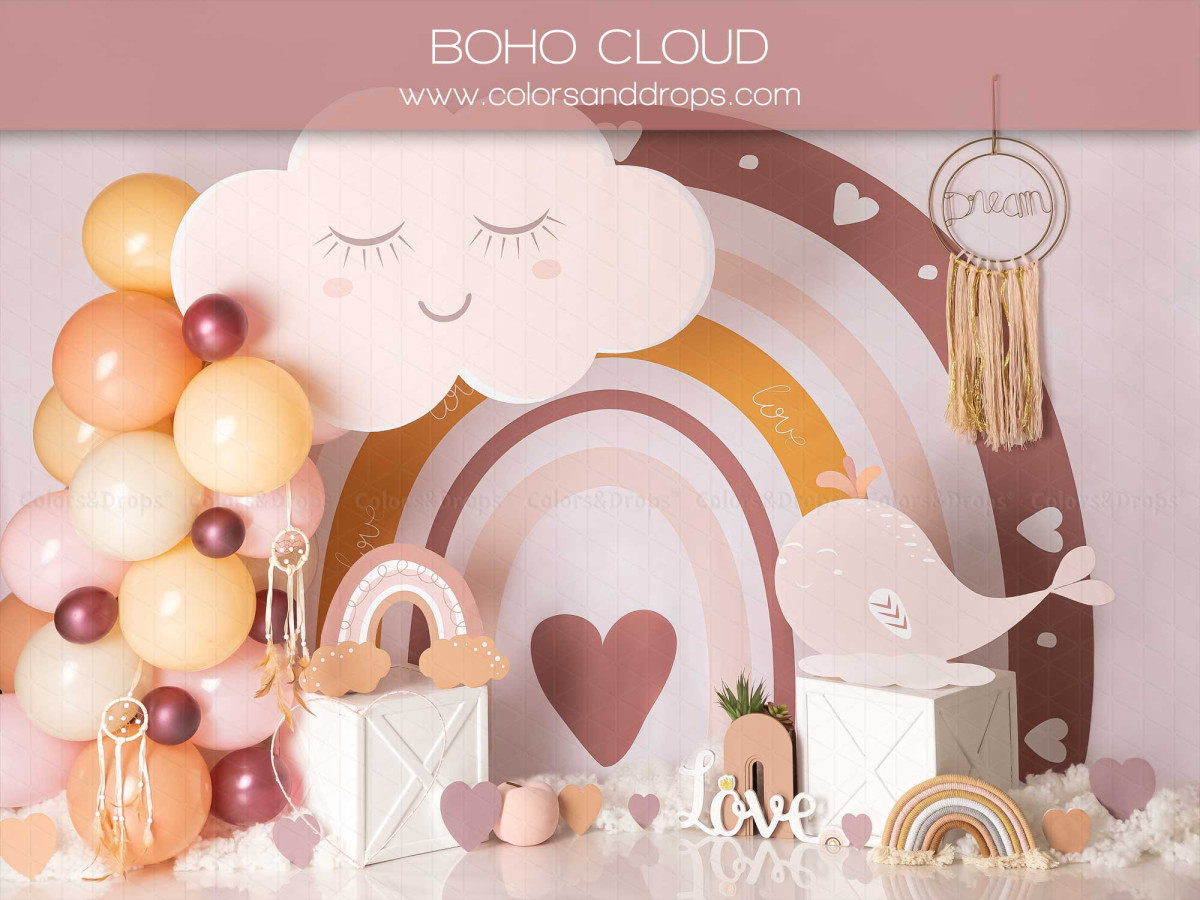 Fond photo bébé et smash cake Boho Cloud – arc-en-ciel bohème avec nuage, ballons et cœur | Colors&Drops