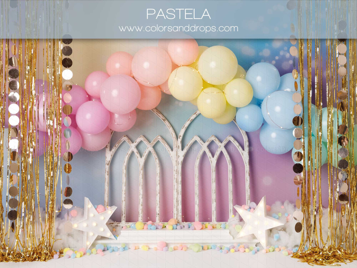 Baby & cake smash photo backdrop Pastela – pastel balloons with white windows and gold curtains | Colors&Drops