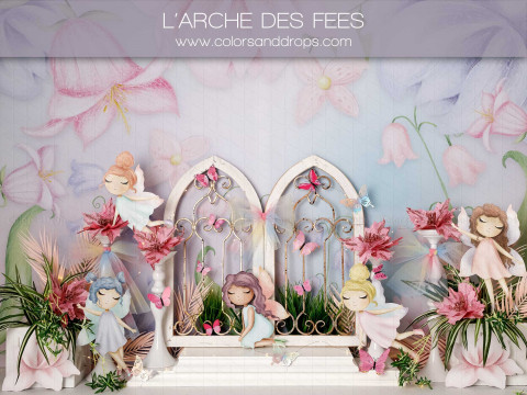 Fondo fotográfico de bebé y smash cake L'Arche des Fees – ventanas en arco con hadas y flores rosas | Colors&Drops