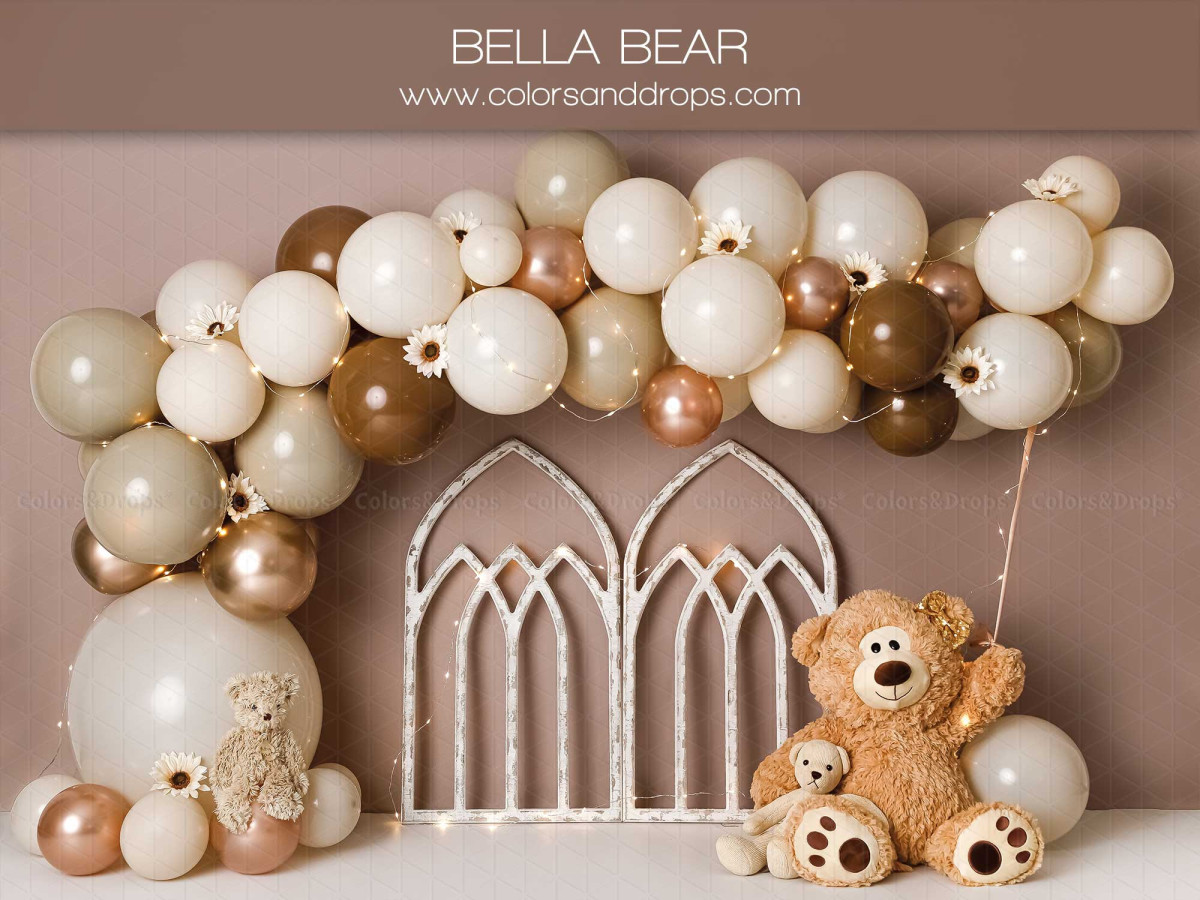 Baby & cake smash photo backdrop Bella Bears – beige and copper balloon arch with windows and teddy bear | Colors&Drops