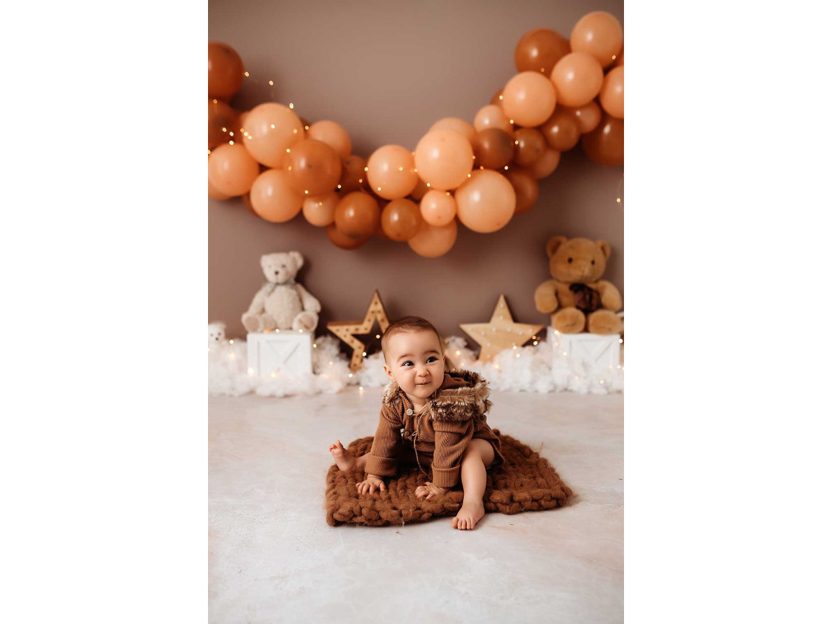Fond photo bébé et smash cake Super Nounours – guirlande de ballons pêche avec ours en peluche et étoiles | Colors&Drops