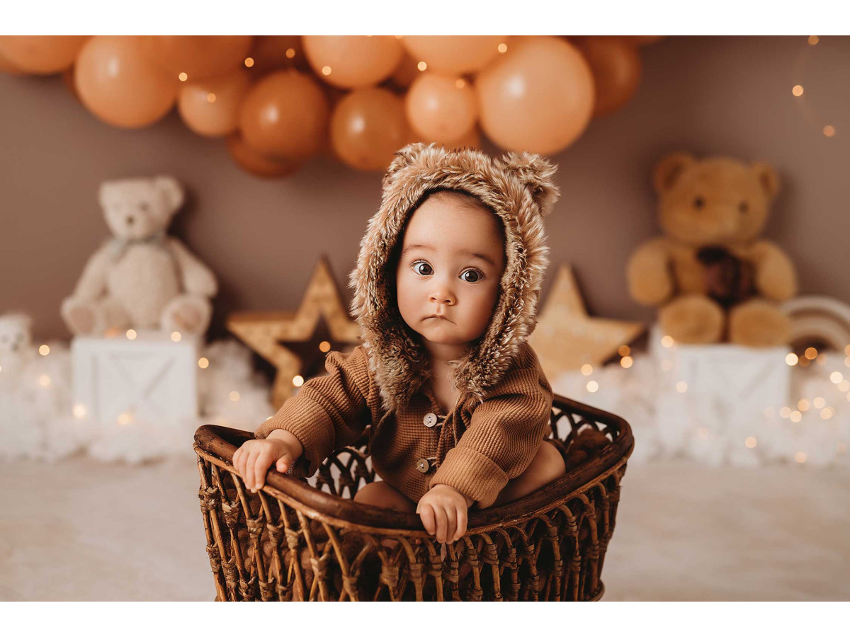 Fond photo bébé et smash cake Super Nounours – guirlande de ballons pêche avec ours en peluche et étoiles | Colors&Drops