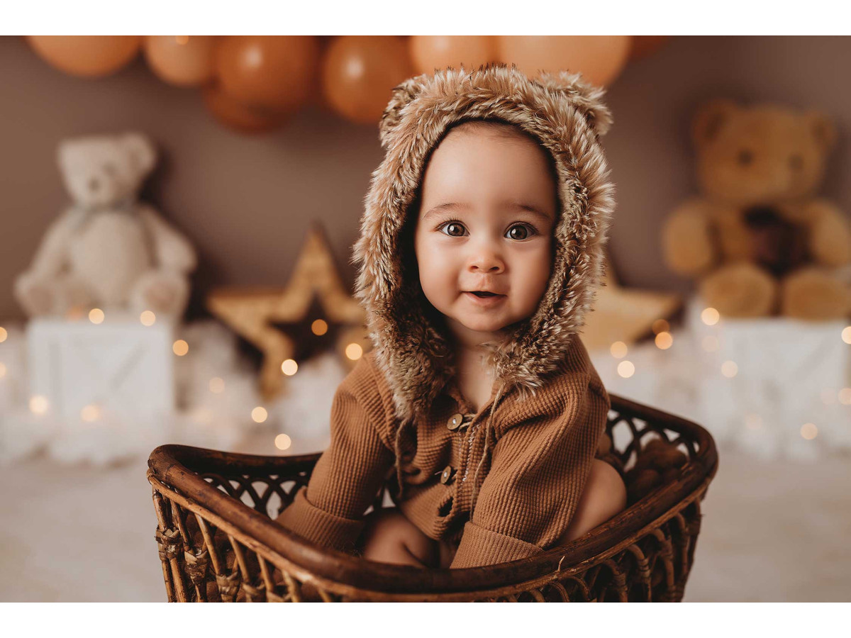 Fond photo bébé et smash cake Super Nounours – guirlande de ballons pêche avec ours en peluche et étoiles | Colors&Drops