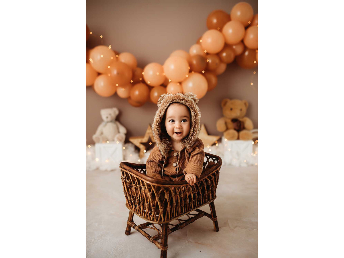 Fond photo bébé et smash cake Super Nounours – guirlande de ballons pêche avec ours en peluche et étoiles | Colors&Drops
