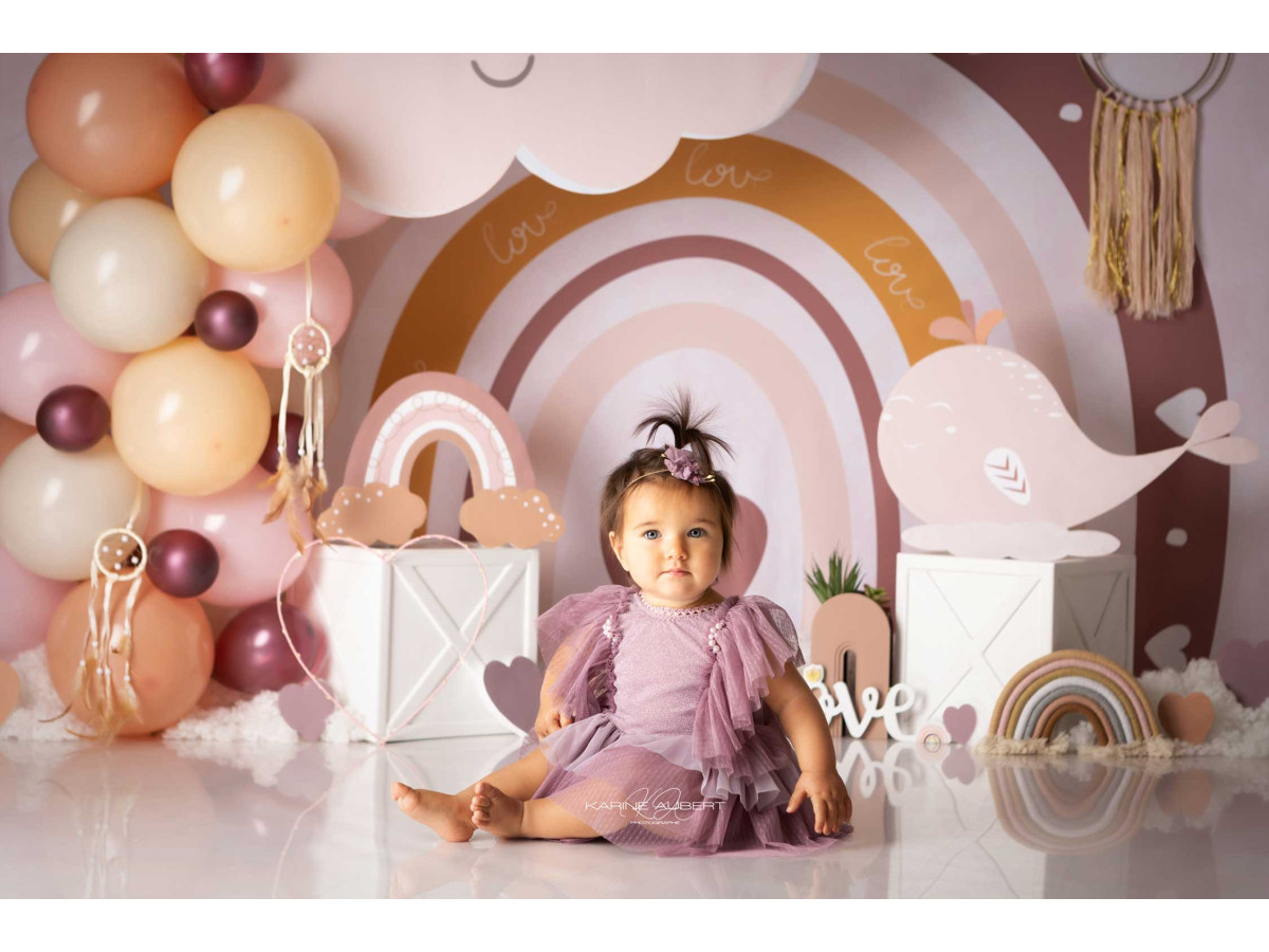 Fond photo bébé et smash cake Boho Cloud – arc-en-ciel bohème avec nuage, ballons et cœur | Colors&Drops