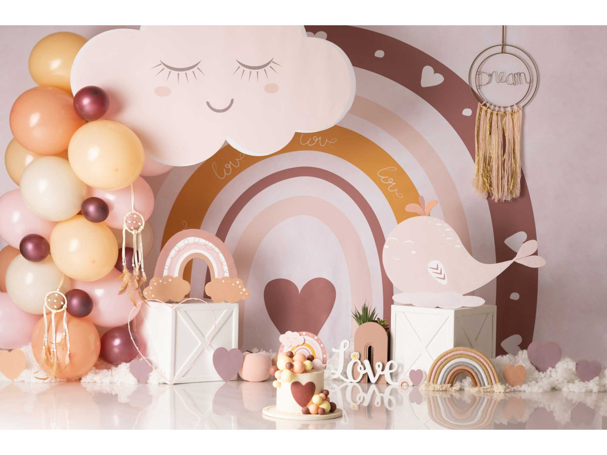 Fond photo bébé et smash cake Boho Cloud – arc-en-ciel bohème avec nuage, ballons et cœur | Colors&Drops