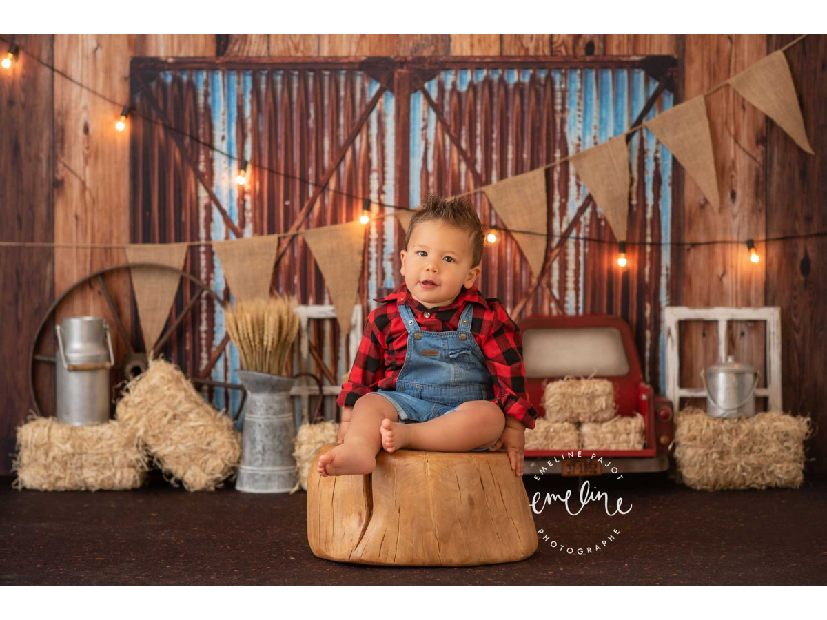 Fondo fotográfico de bebé y smash cake Old Barn – granero de madera con chapa, balas de heno y banderines | Colors&Drops