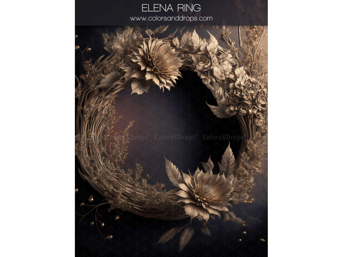 Fond photo grossesse et portrait Elena Ring – couronne de fleurs bronze sur fond sombre | Colors&Drops