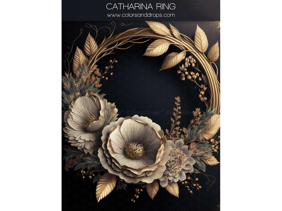 Fond photo grossesse et portrait Catharina Ring – couronne de fleurs crème et dorées sur fond noir | Colors&Drops